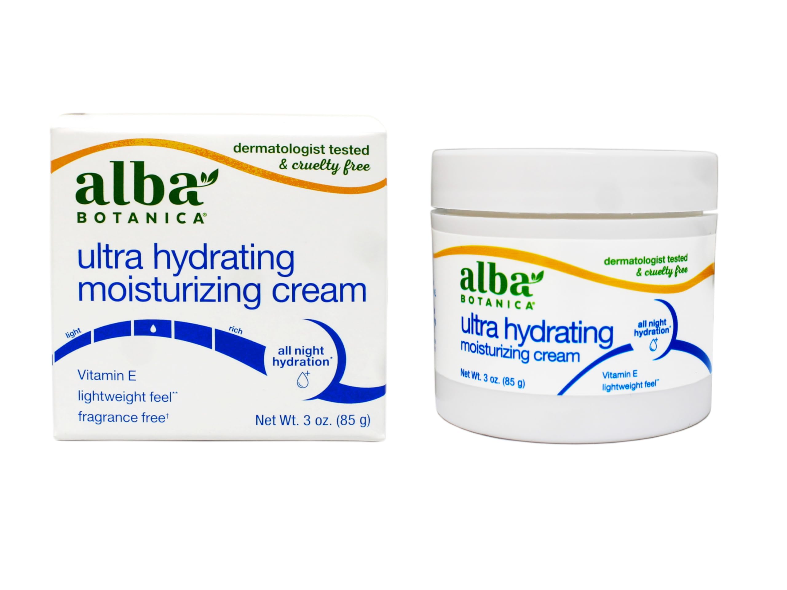 Crème hydratante Alba Botanica Jasmin Vitamin E en flacon: hydratation légère et nourrissante.