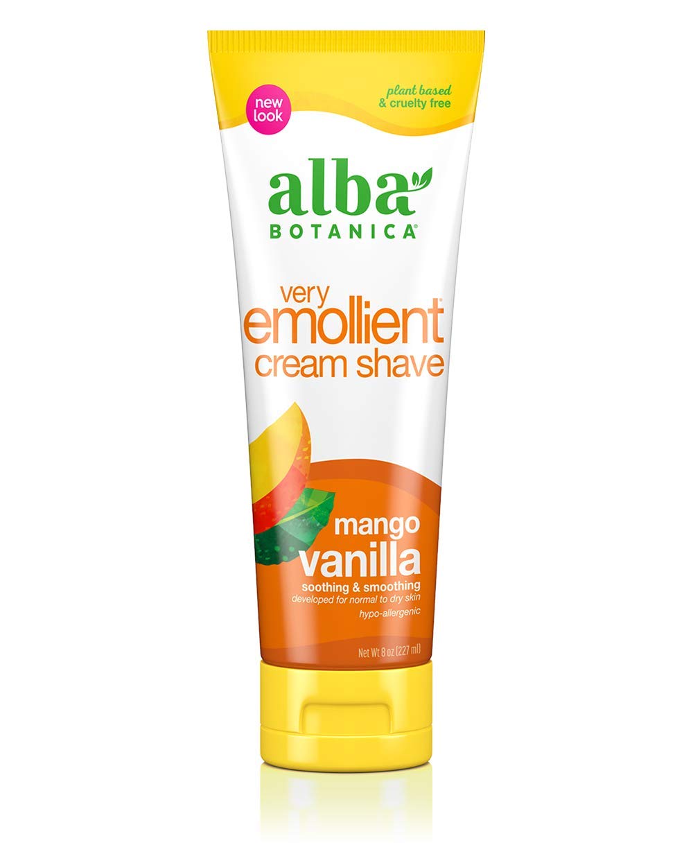 Crème de rasage Alba Botanica Mango Vanilla – bouteille 8 oz prête pour un rasage doux et nourrissant.