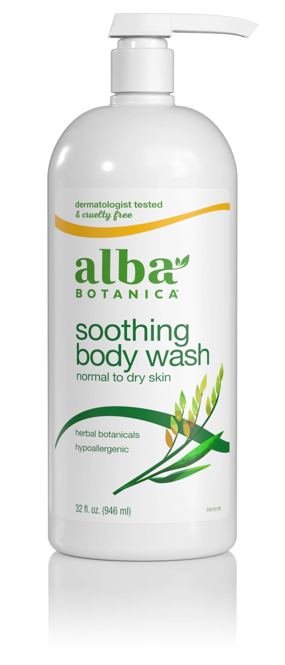 Bouteille Alba Botanica Douche Apaisante, hydratation douce pour peau sèche.