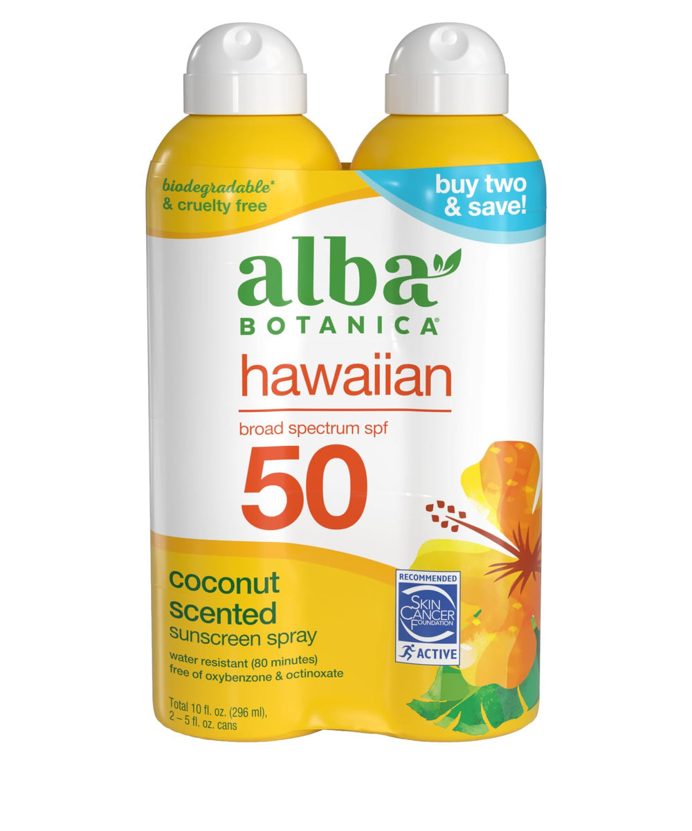 Alba Botanica écran solaire coco Hawaii, pulvérisateur 5 oz, protection SPF50 pratique et hydratante.