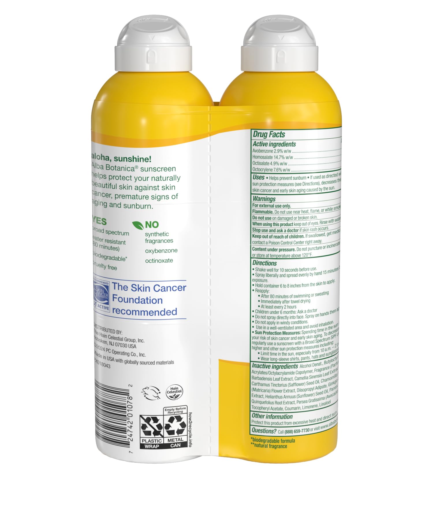Alba Botanica écran solaire coco Hawaii, pulvérisateur pour application angle, protection SPF50 plage.