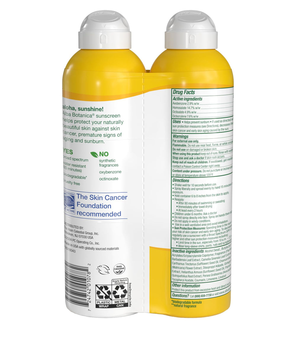 Alba Botanica écran solaire coco Hawaii, pulvérisateur pour application angle, protection SPF50 plage.