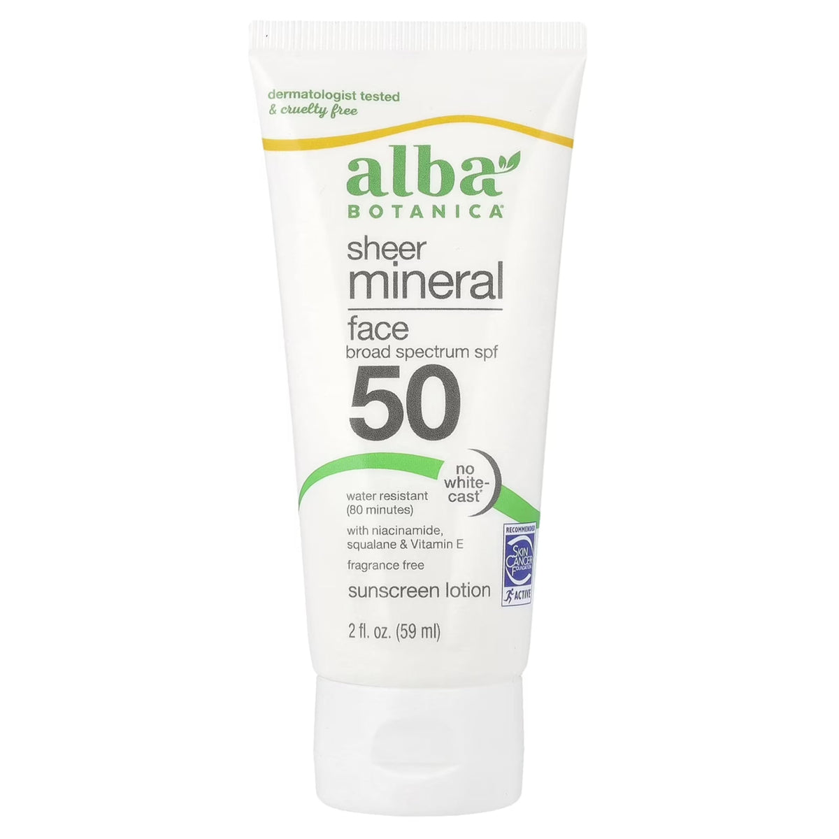 Alba Botanica Écran solaire visage SPF50, bouteille pratique et légère.