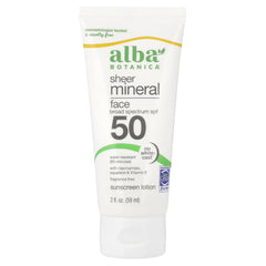 Alba Botanica Écran solaire visage SPF50, bouteille pratique et légère.