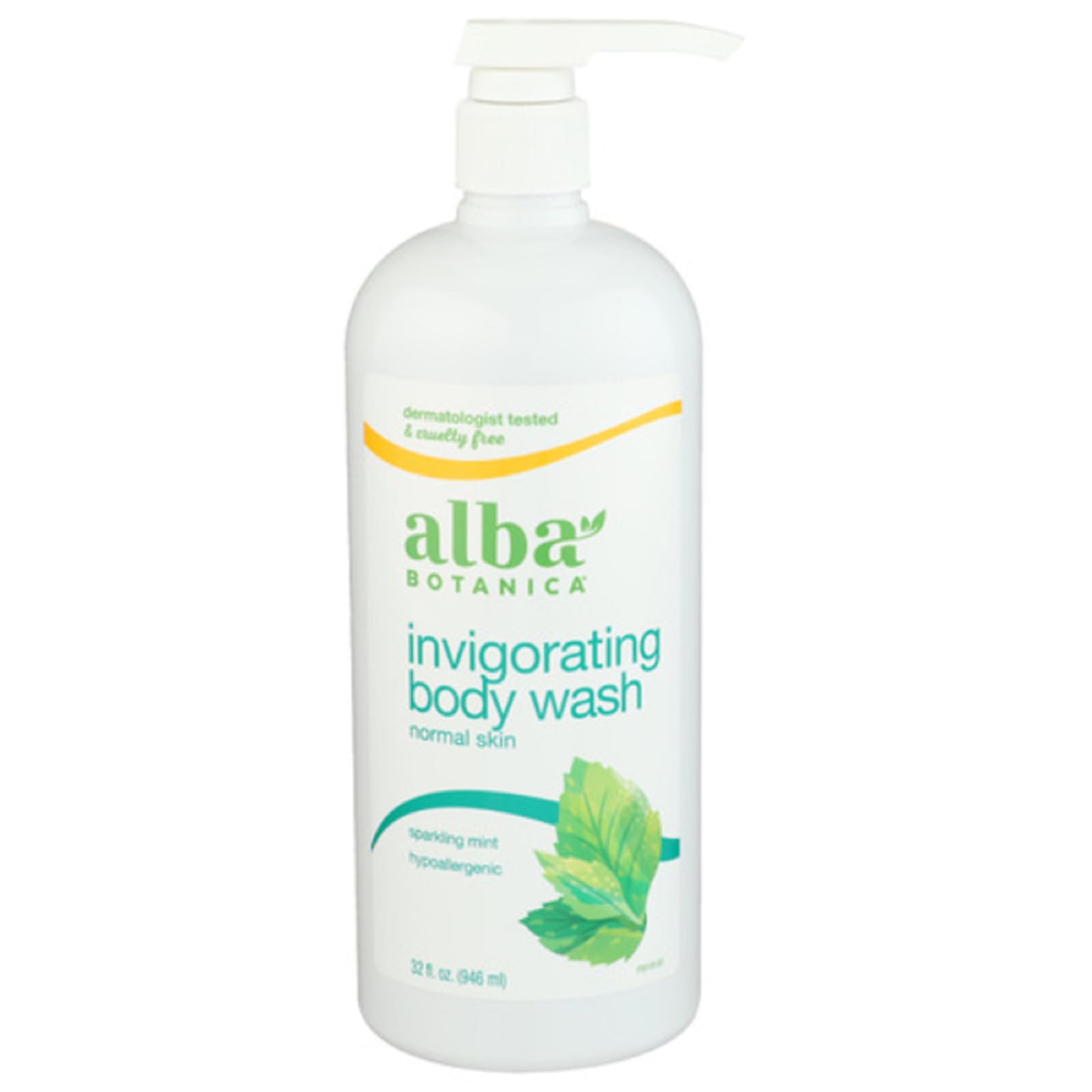 Gel douche Alba Botanica menthe scintillante, texture émolliente pour la peau.