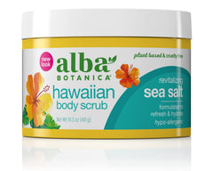 Gommage corps Alba Botanica au sel marin pour exfoliation douce et peau veloutée.