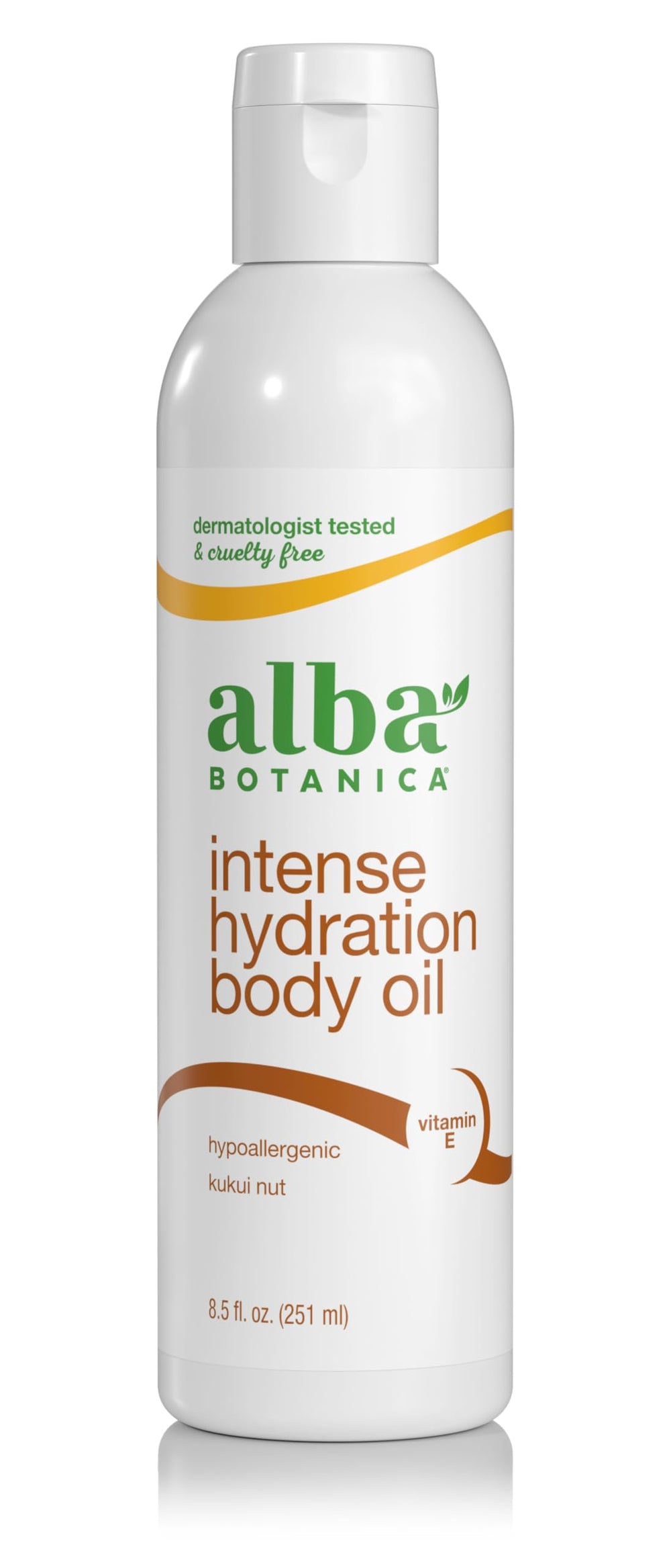 Huile corporelle Alba Botanica Hydratation Intense, bouteille prête à nourrir la peau.