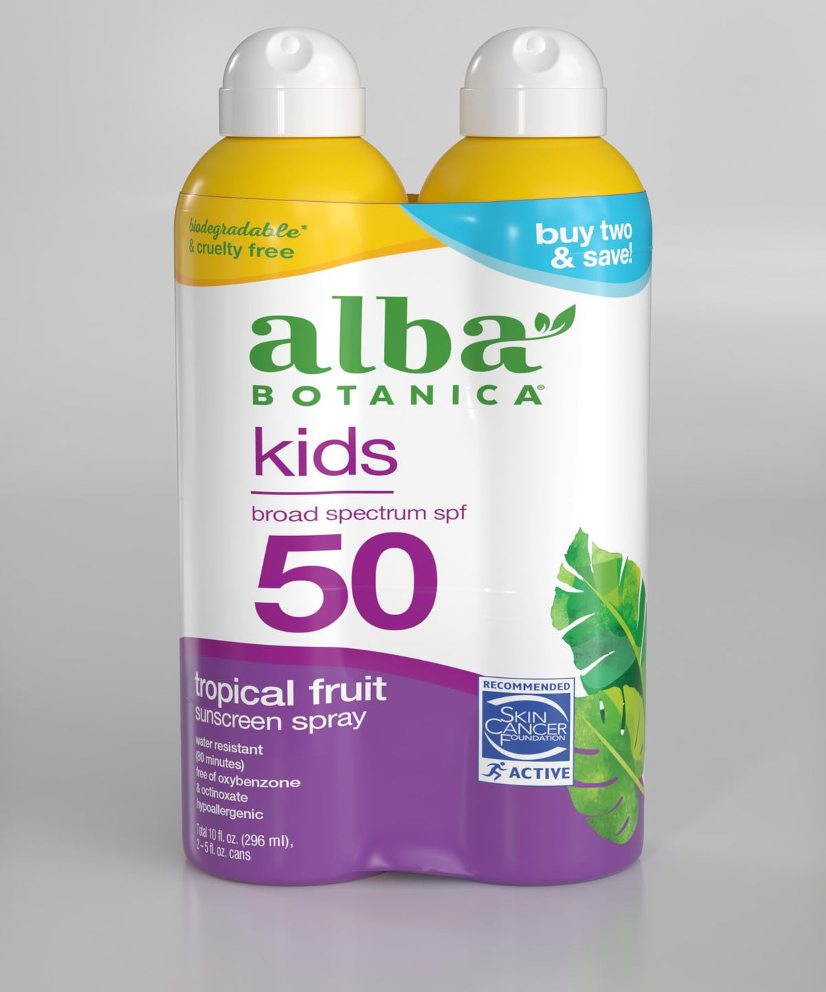 Alba Botanica Kids SPF50 spray sur visage et corps au parfum tropical.
