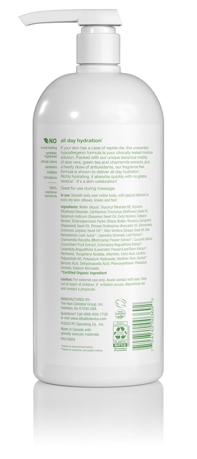 Lotion Emollient Alba Botanica adaptée peau normale à sèche pour douceur durable.