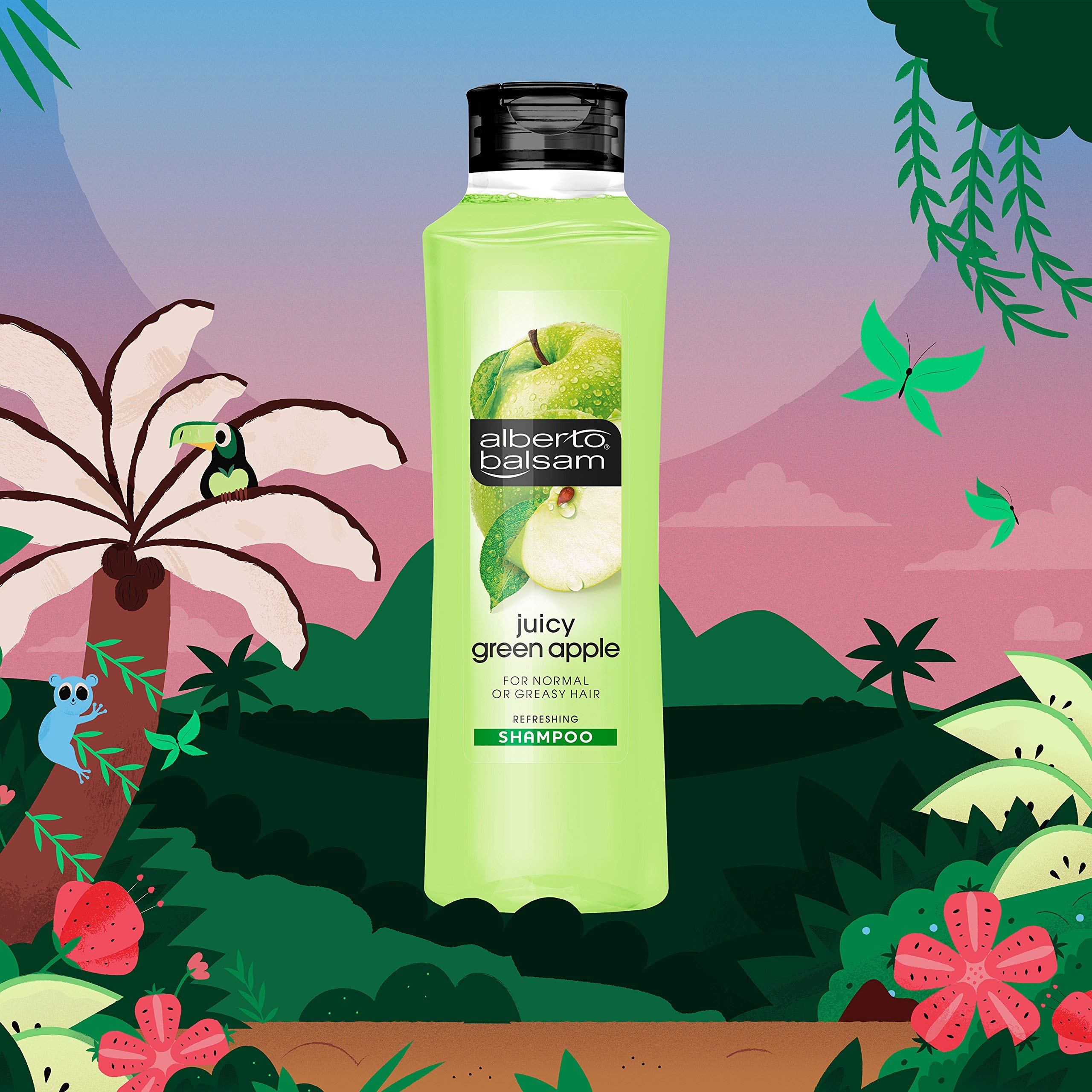 Cheveux gras après lavage avec Alberto Balsam Juicy Green Apple, sensation de fraîcheur.