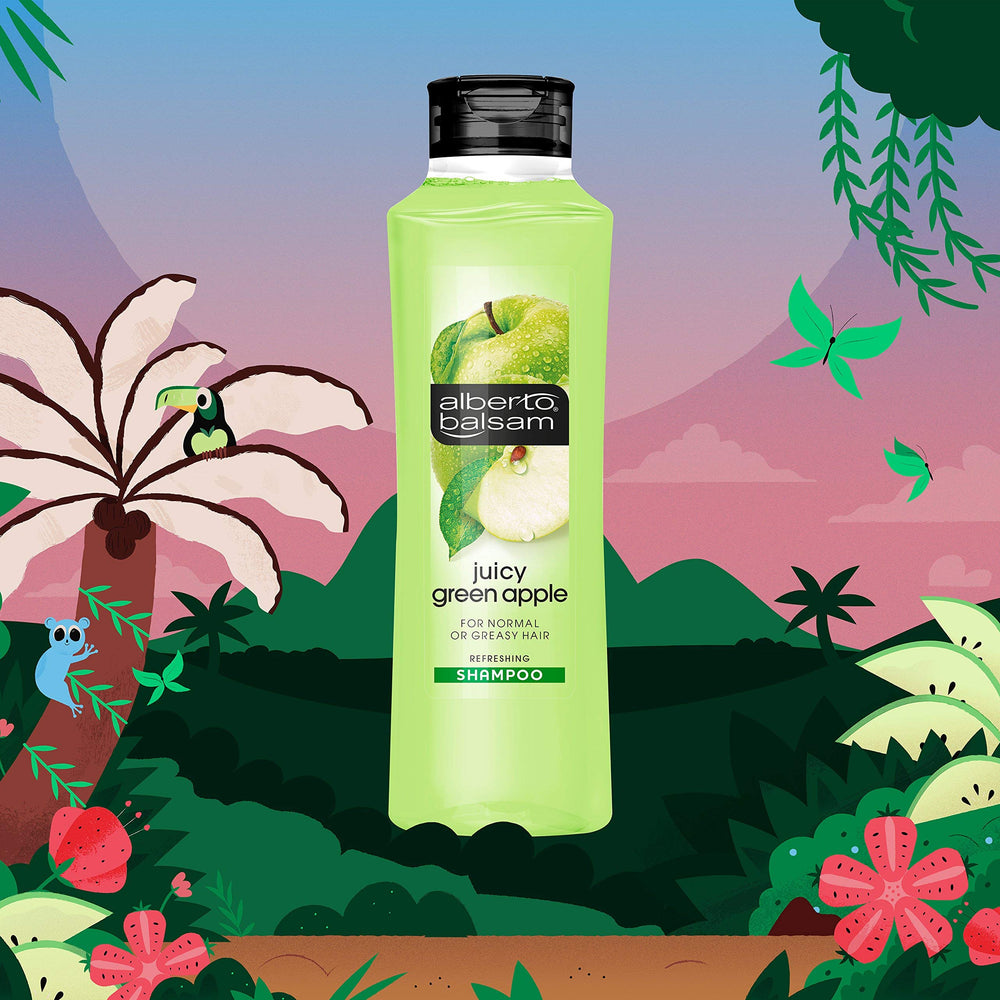 Cheveux gras après lavage avec Alberto Balsam Juicy Green Apple, sensation de fraîcheur.