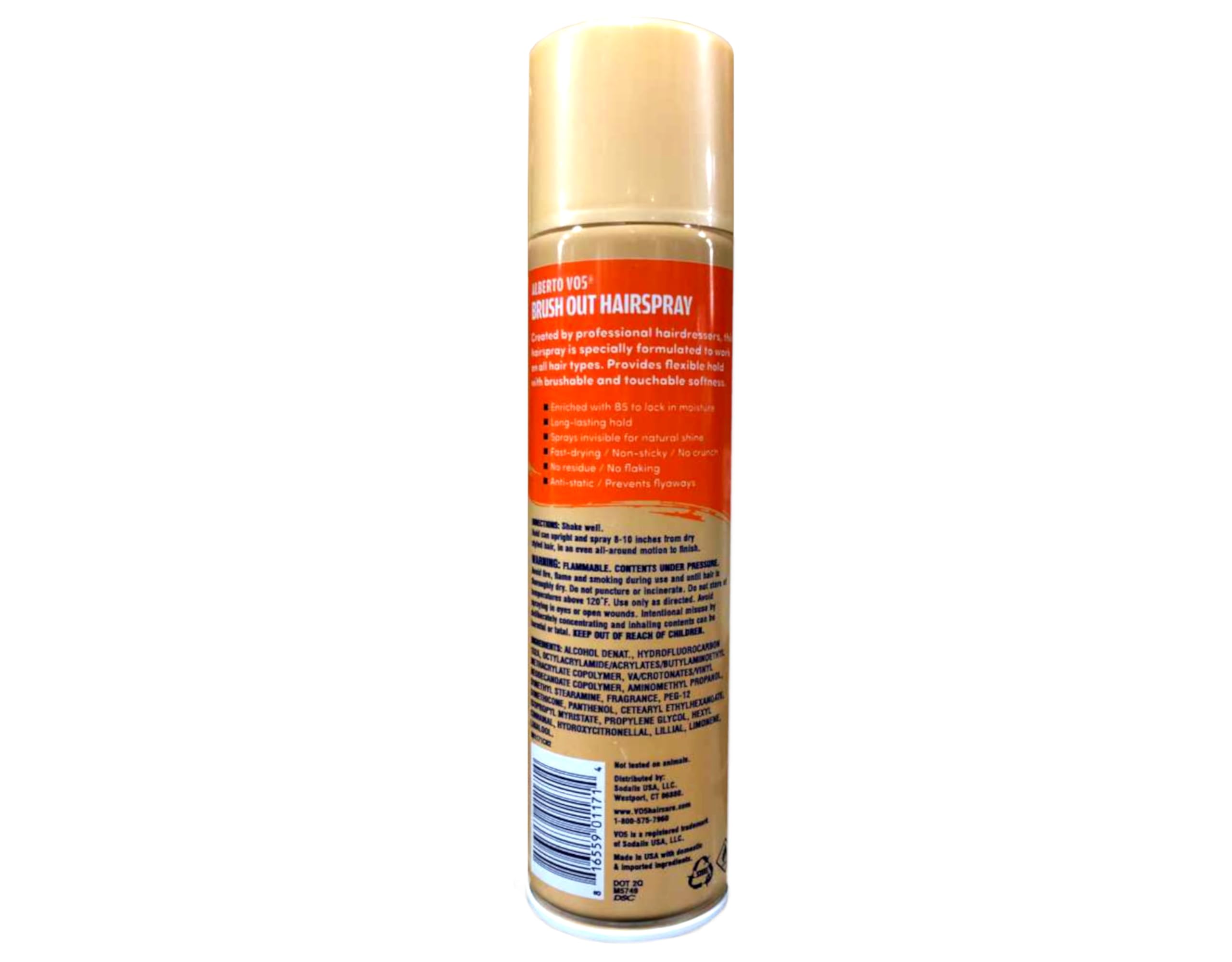 Alberto VO5 Brush Out Hairspray ingredients label highlights non-sticky, residue-free formula.