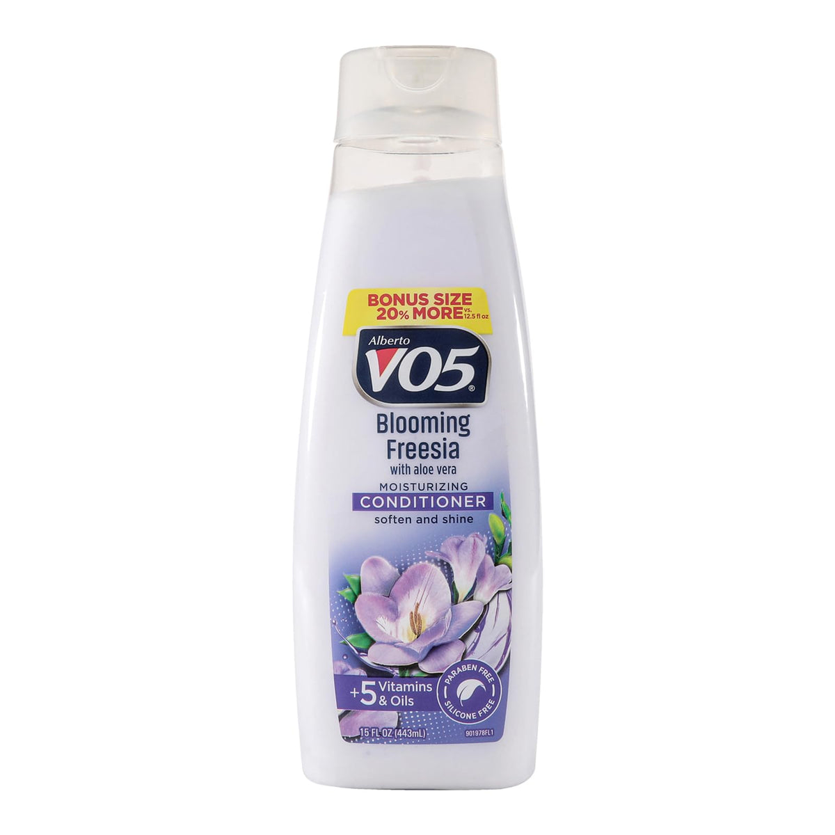 Alberto VO5 Blooming Freesia Conditionneur flacon révèle douceur durable et parfum floral.