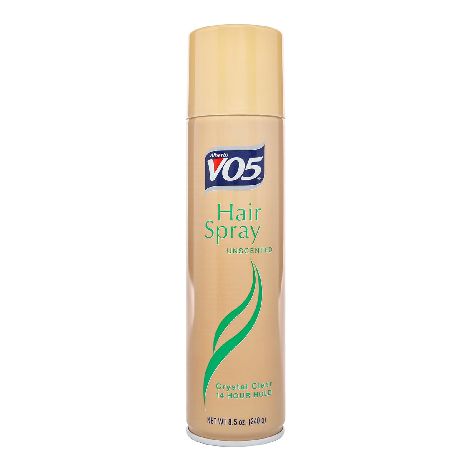Alberto VO5 Crystal Clear Hairspray bottle showing unscented, strong hold for all-day invisible finish
