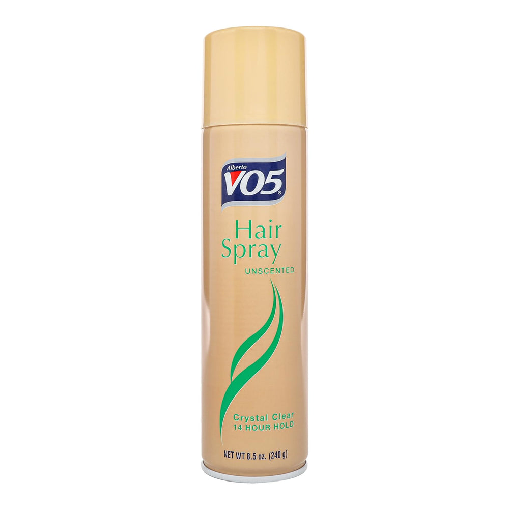 Alberto VO5 Crystal Clear Hairspray bottle showing unscented, strong hold for all-day invisible finish