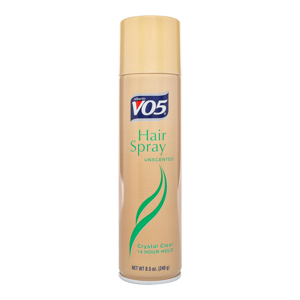 Alberto VO5 Crystal Clear Hairspray bottle showing unscented, strong hold for all-day invisible finish