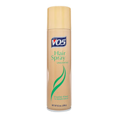 Alberto VO5 Crystal Clear Hairspray bottle showing unscented, strong hold for all-day invisible finish