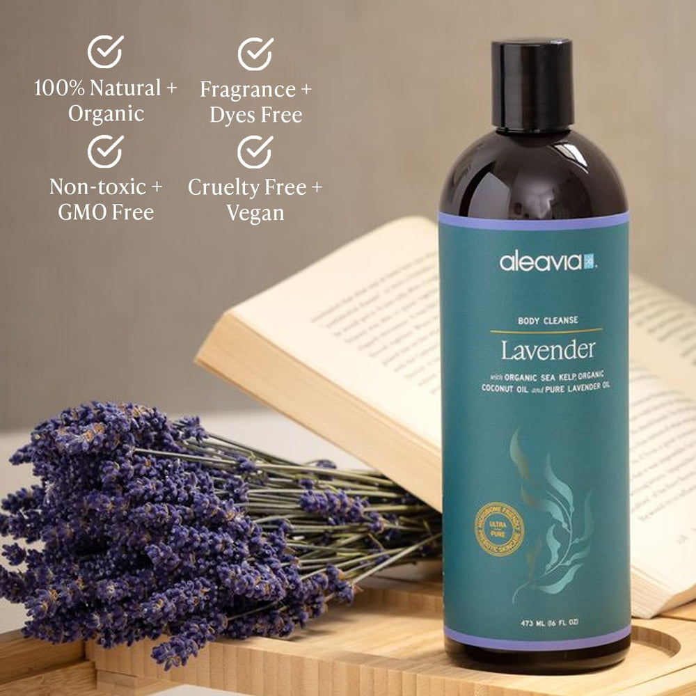 Aleavia gel douche lavande, mousse onctueuse enveloppant la peau en douceur.