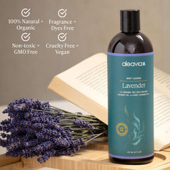 Aleavia gel douche lavande, mousse onctueuse enveloppant la peau en douceur.