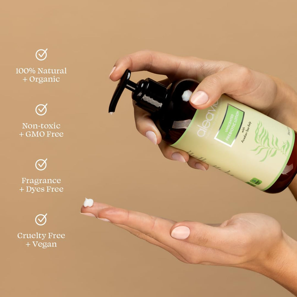 Aleavia lotion prébiotique, soutien à un microbiome cutané équilibré sans toxines.