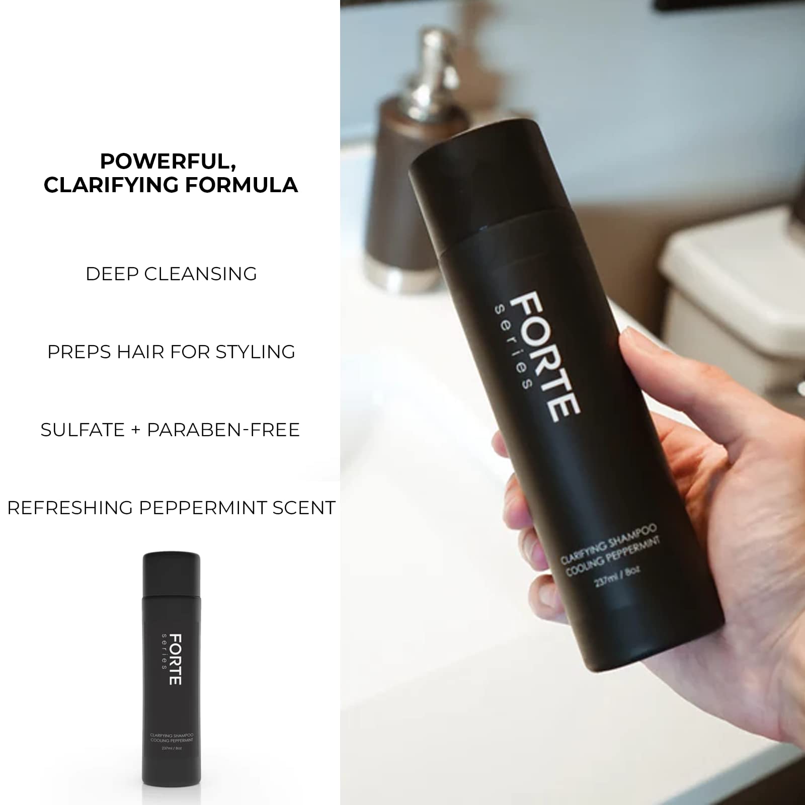 Packaging shot of Alex Costa Forte Series clarifying shampoo with premium grooming branding.