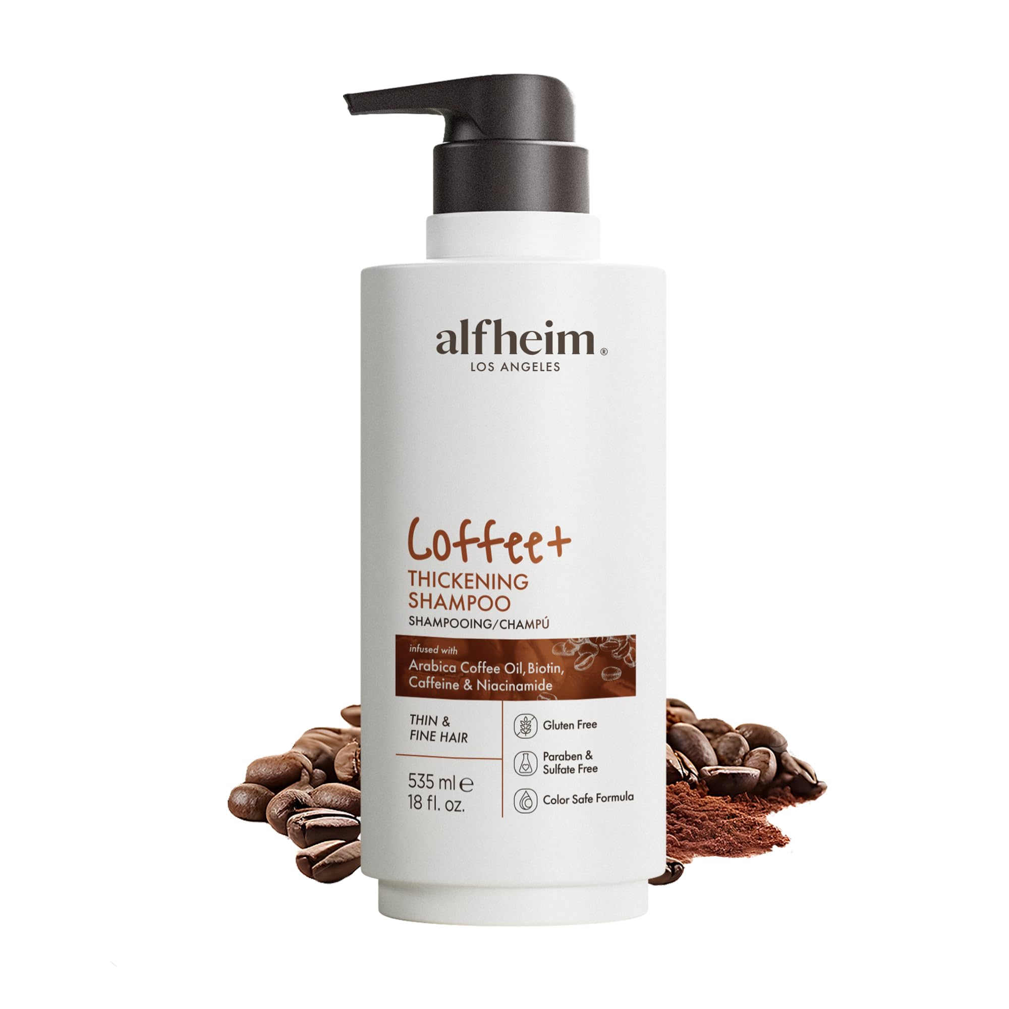 Flacon ALFHEIM Coffee+ Shampoo stimulant les racines et le volume.