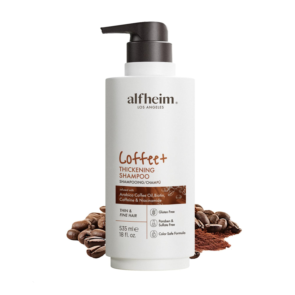 Flacon ALFHEIM Coffee+ Shampoo stimulant les racines et le volume.