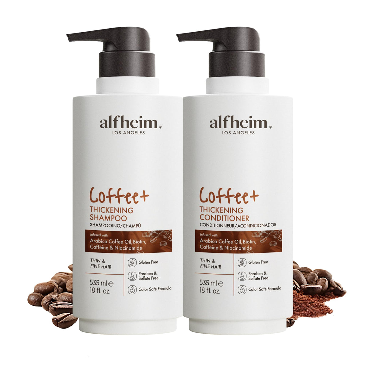 ALFHEIM Coffee+ Shampoing flacon: énergie pour cheveux fins et fragiles.