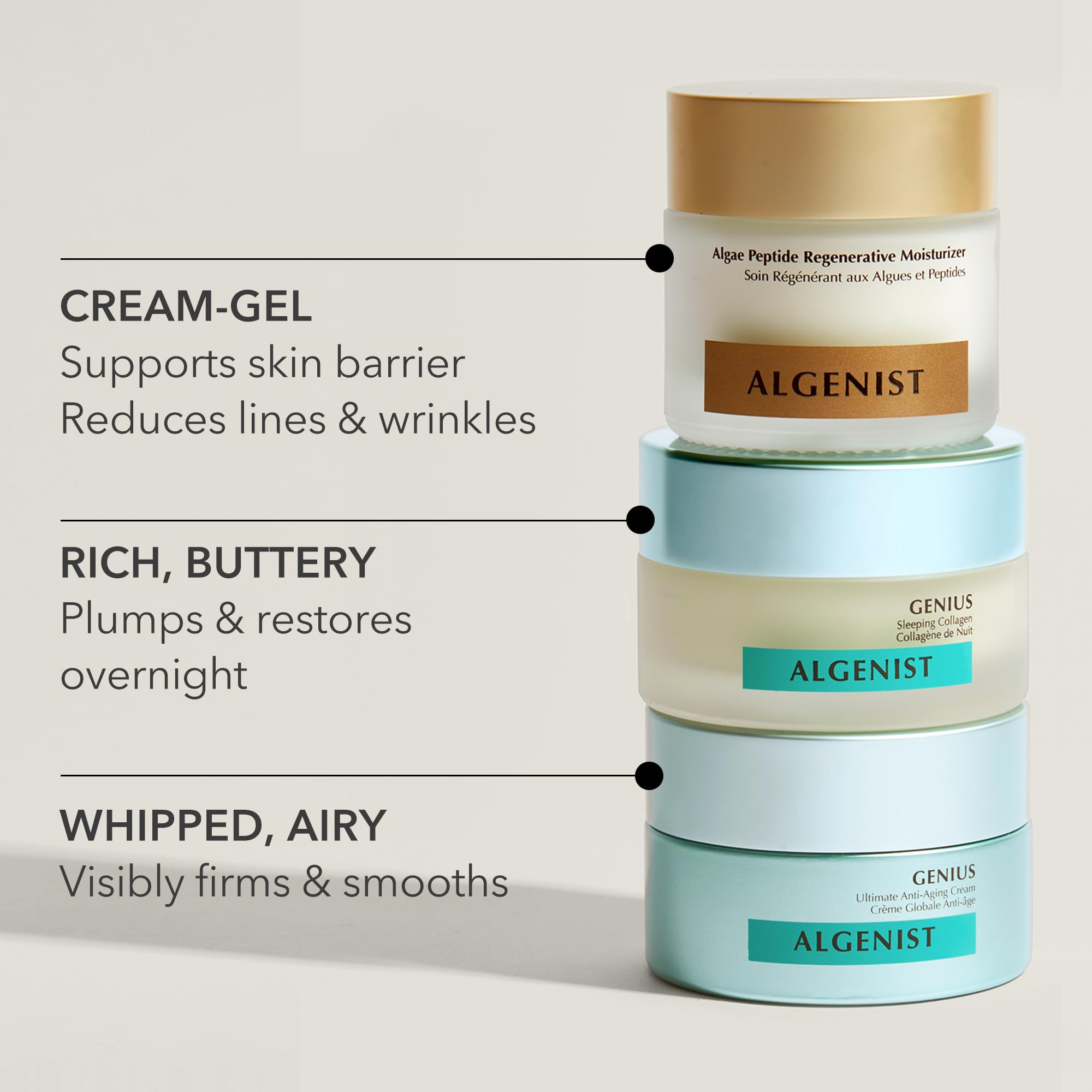 Pot de crème Algenist GENIUS: emballage élégant et recyclable.