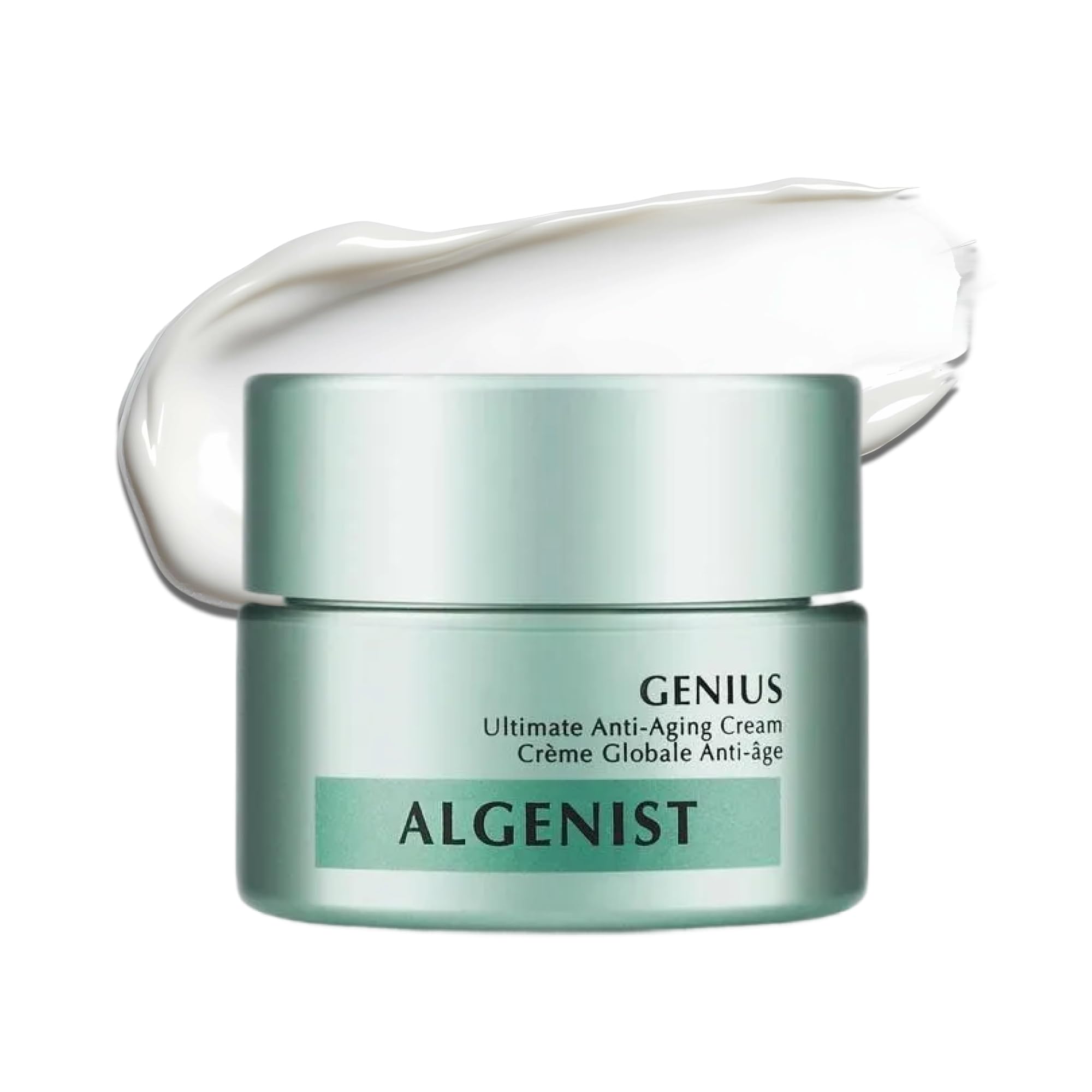 Algenist GENIUS crème visage: flacon révélant Alguronic Acid pour éclairer la peau.