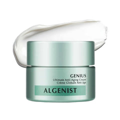 Algenist GENIUS crème visage: flacon révélant Alguronic Acid pour éclairer la peau.