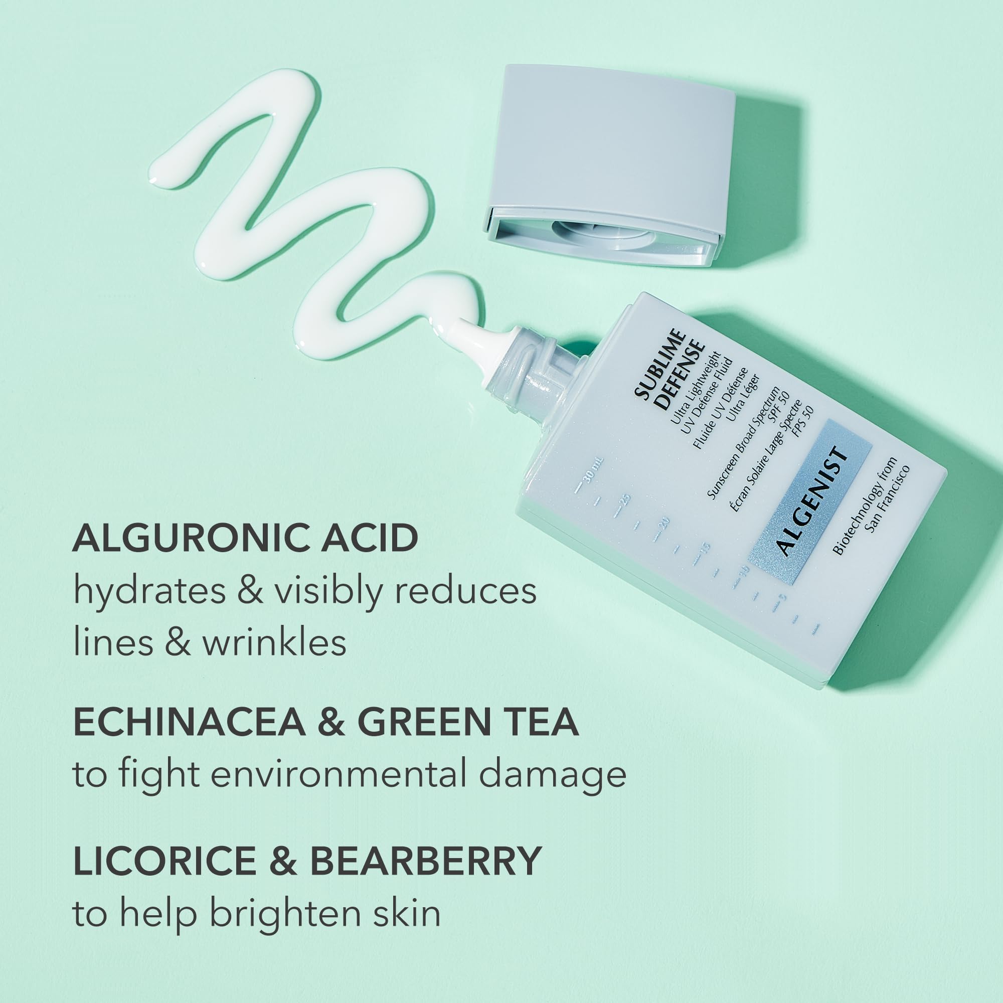 Algenist Sublime Defense antioxydants thé vert et échnacée pour l’hydratation.