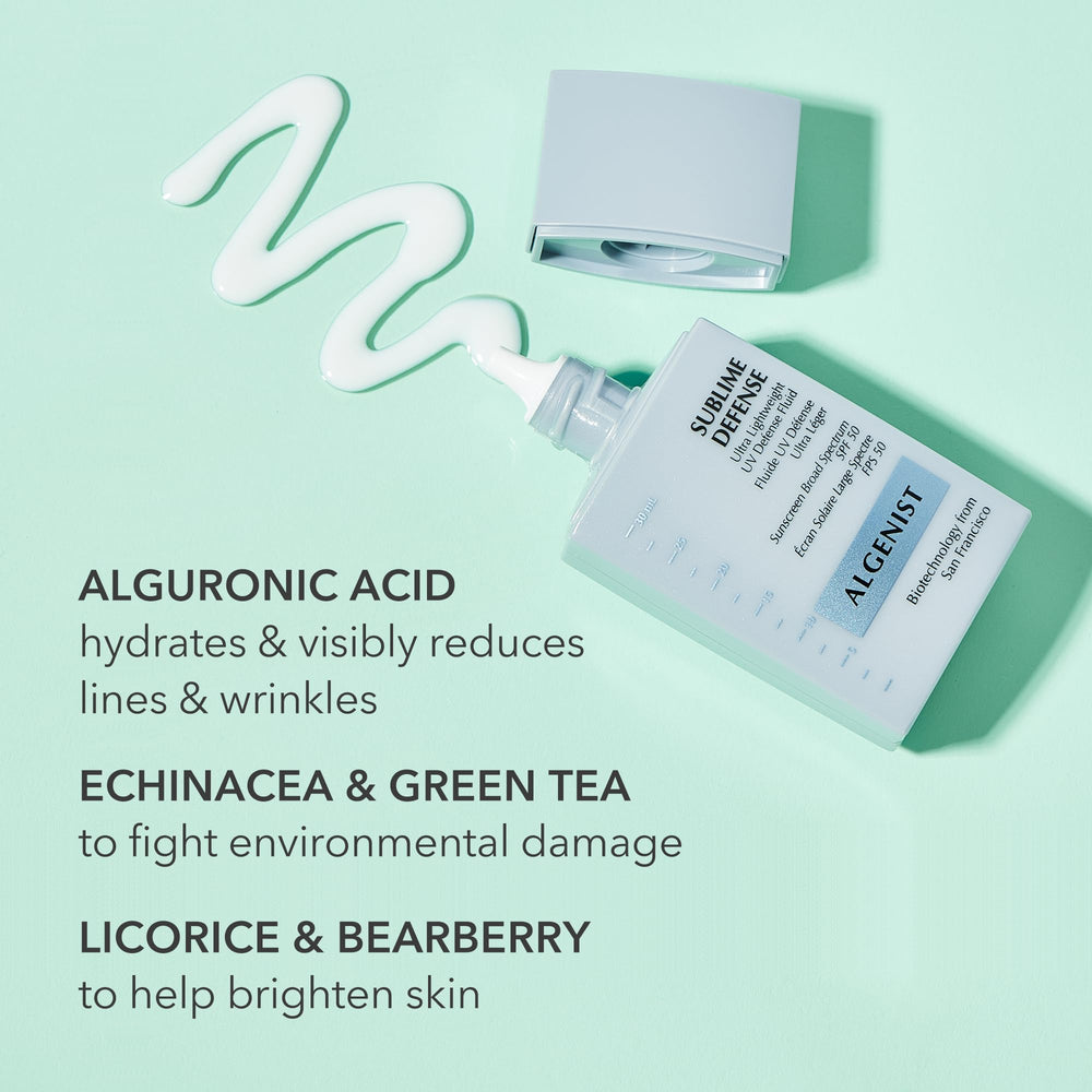 Algenist Sublime Defense antioxydants thé vert et échnacée pour l’hydratation.