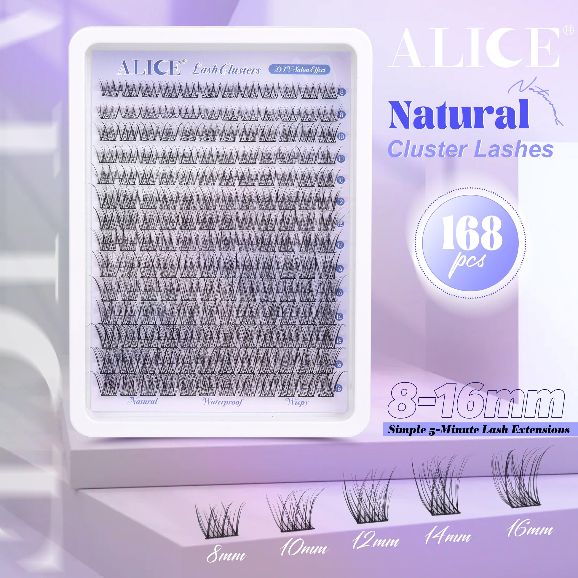 ALICE extensions cils en grappes, longueur 8–16 mm pour variété.