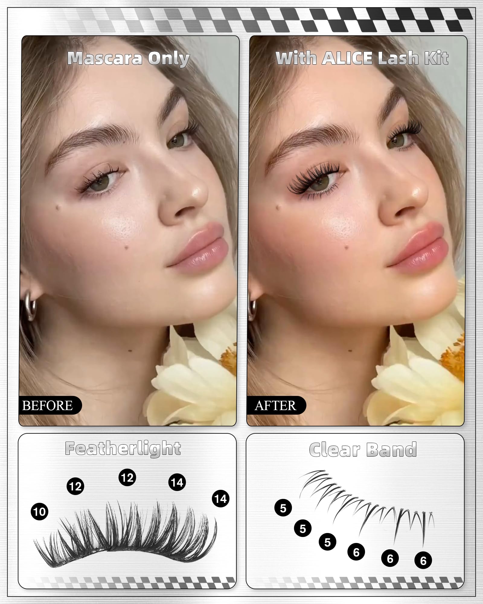 ALICE Flaunt Lash Clusters longueur 10–14 mm pour un effet naturel.