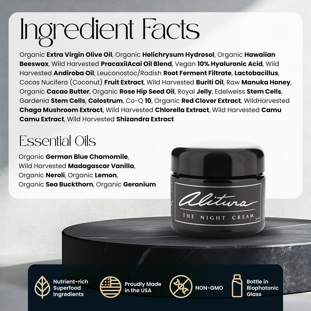 Alitura Crème Nuit Buriti et Camu Camu – nutriments riches pour teint lumineux.