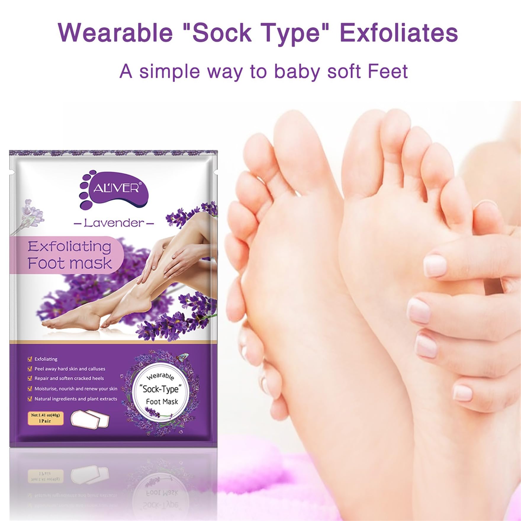 ALIVER application masque exfoliant pieds lavande, sensation agréable pendant le soin.