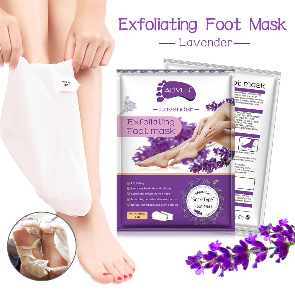 ALIVER emballage masque pieds lavande, produit pratique et bien présenté.