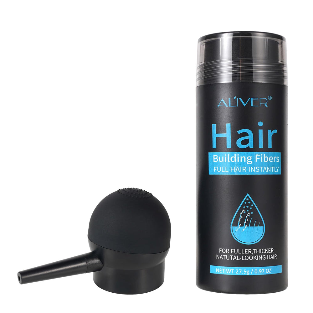ALIVER: fibres capillaires noir sur bouteille, rendu naturel et dense.