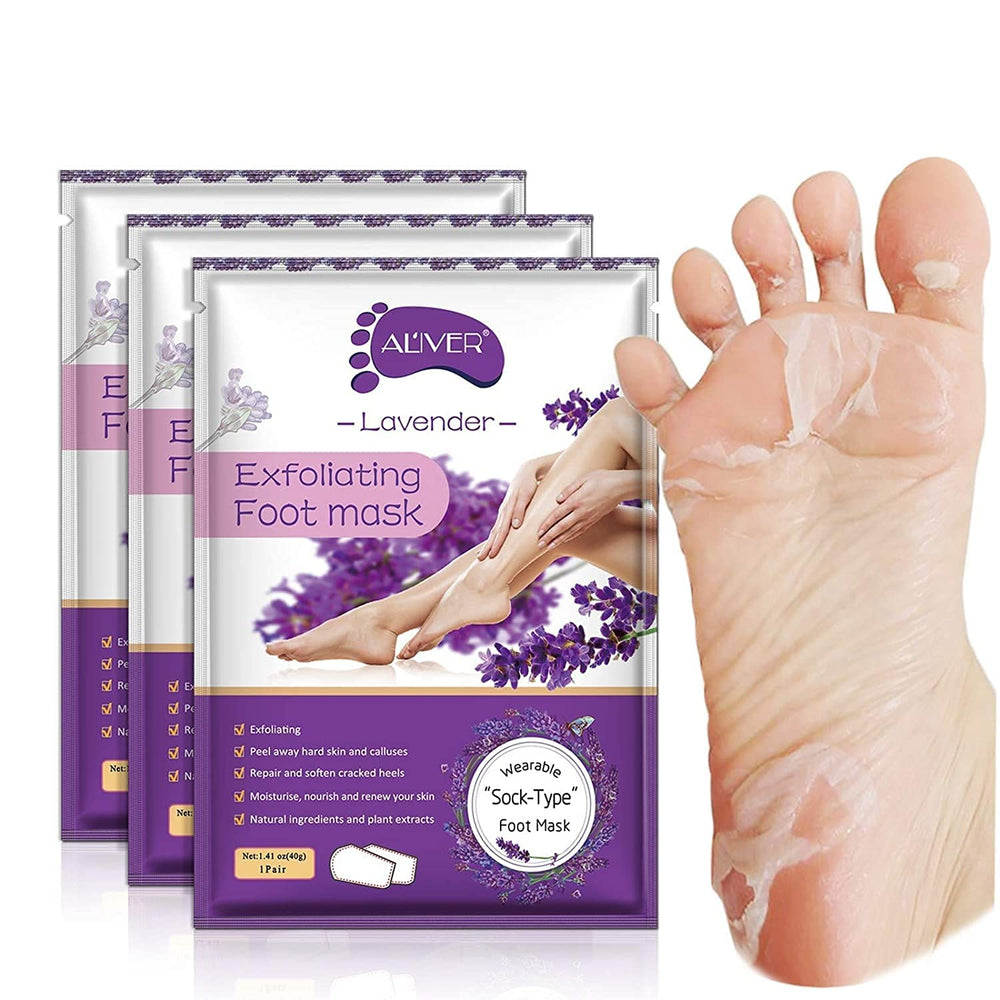 ALIVER masque exfoliant pieds pack 3 lavande, exfoliation en douceur des callosités.