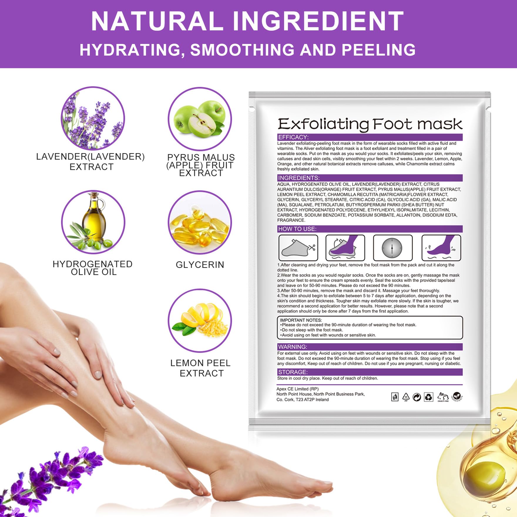 ALIVER sachet masque exfoliant pieds lavande, application facile et efficace.