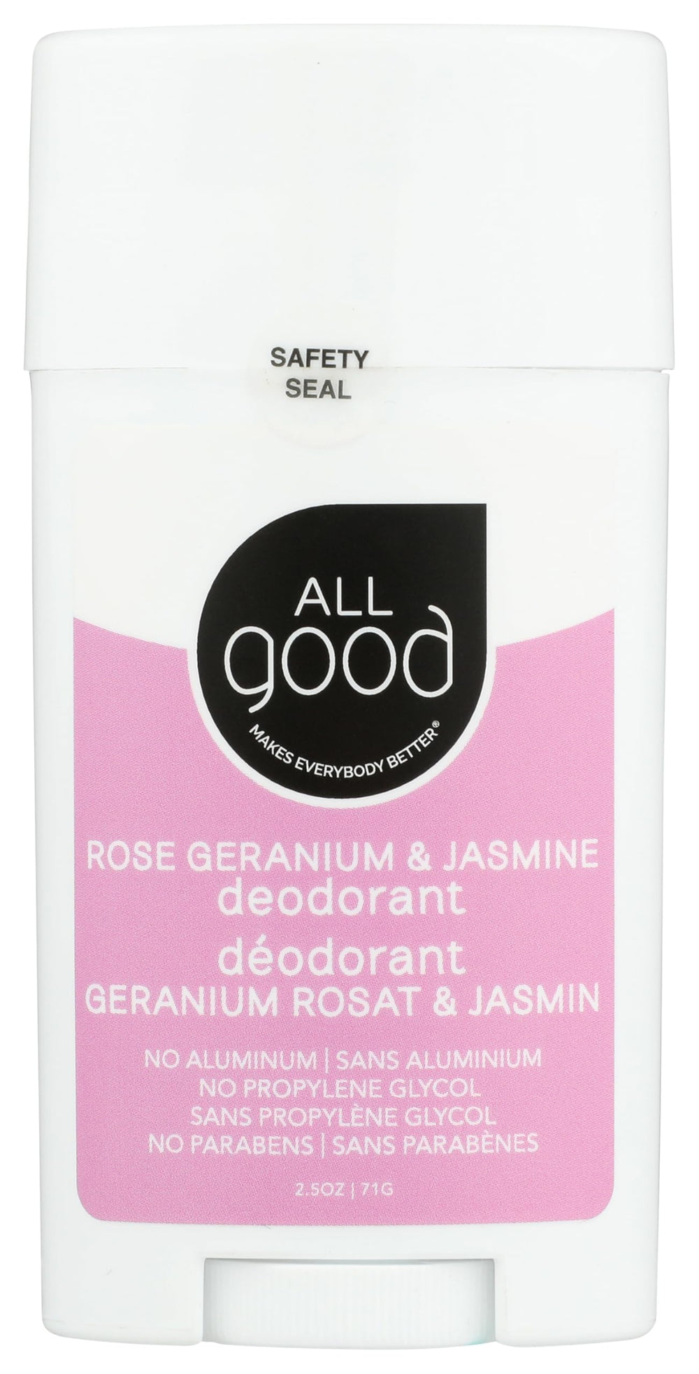 All Good Déodorant en baton Rose Géranium et Jasmin, protection durable sans aluminium.