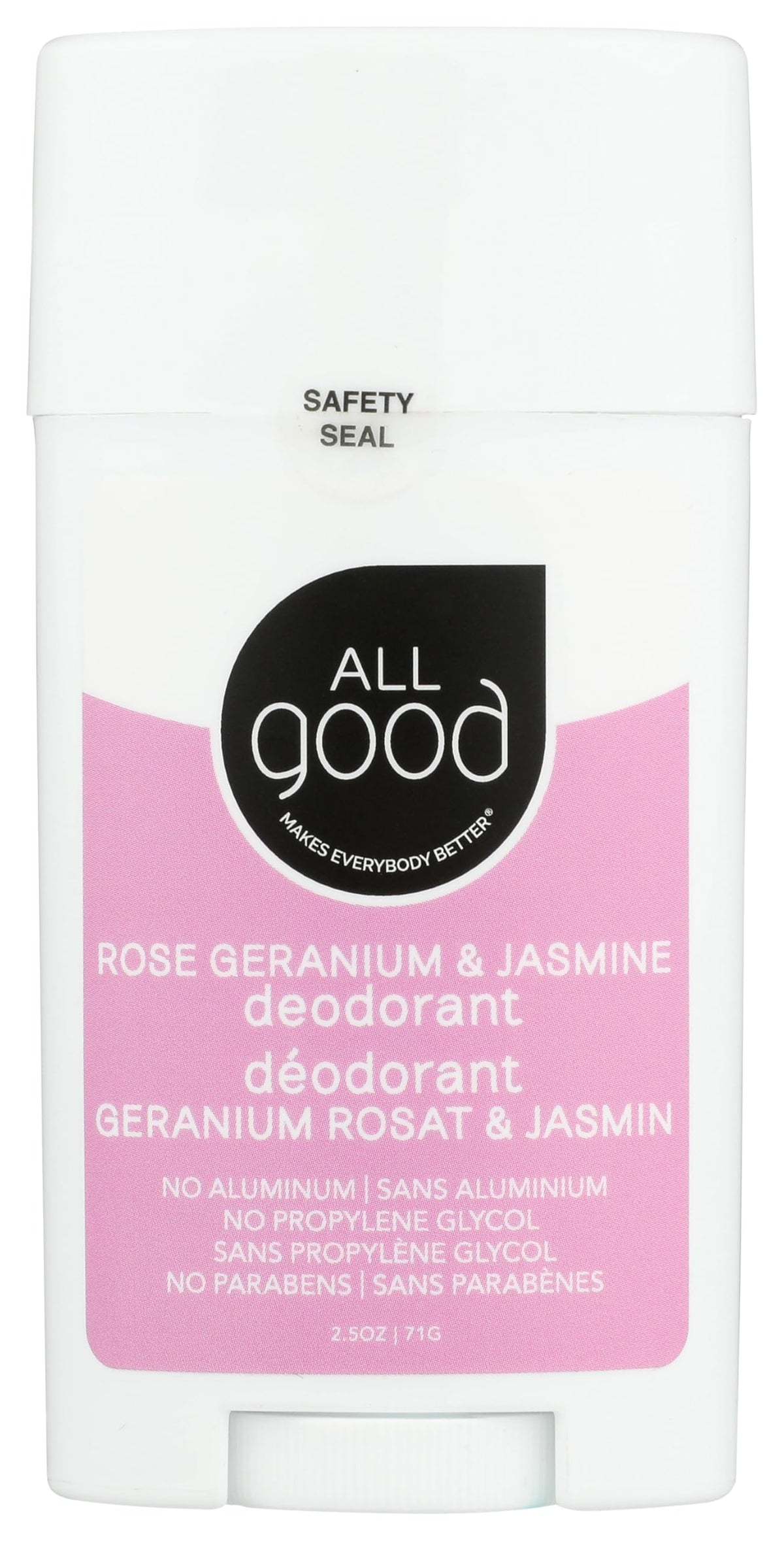 All Good Déodorant en baton Rose Géranium et Jasmin, protection durable sans aluminium.
