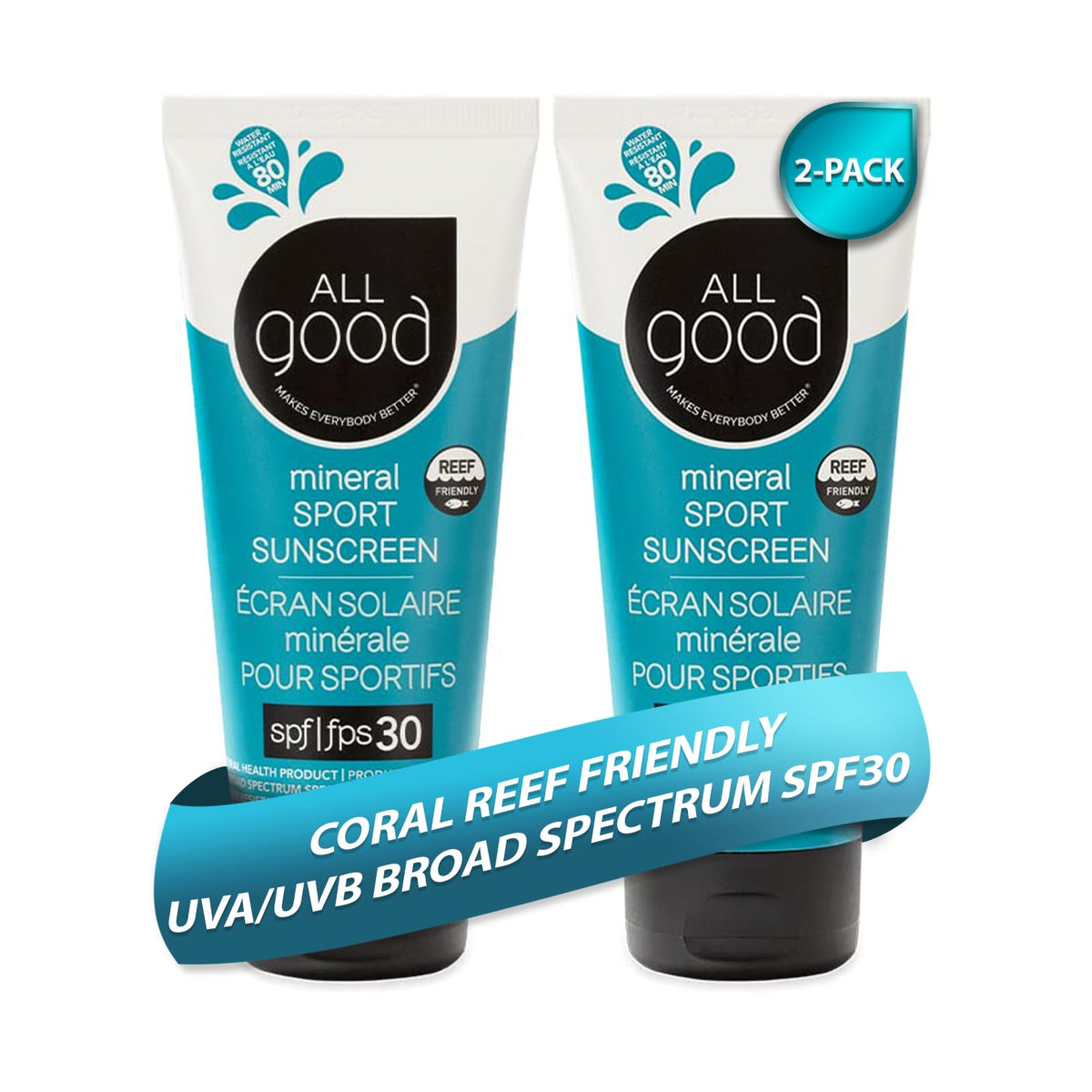 All Good Sunscreen sport-mineral, bouteille prête pour visage et corps, protection SPF 30.