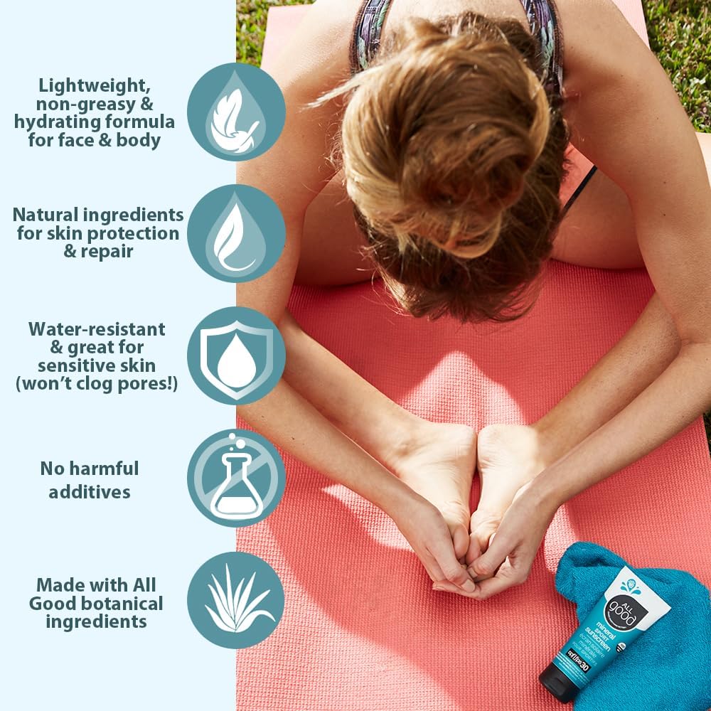 All Good Sunscreen sport-mineral, protection visage et corps pendant activités sportives.
