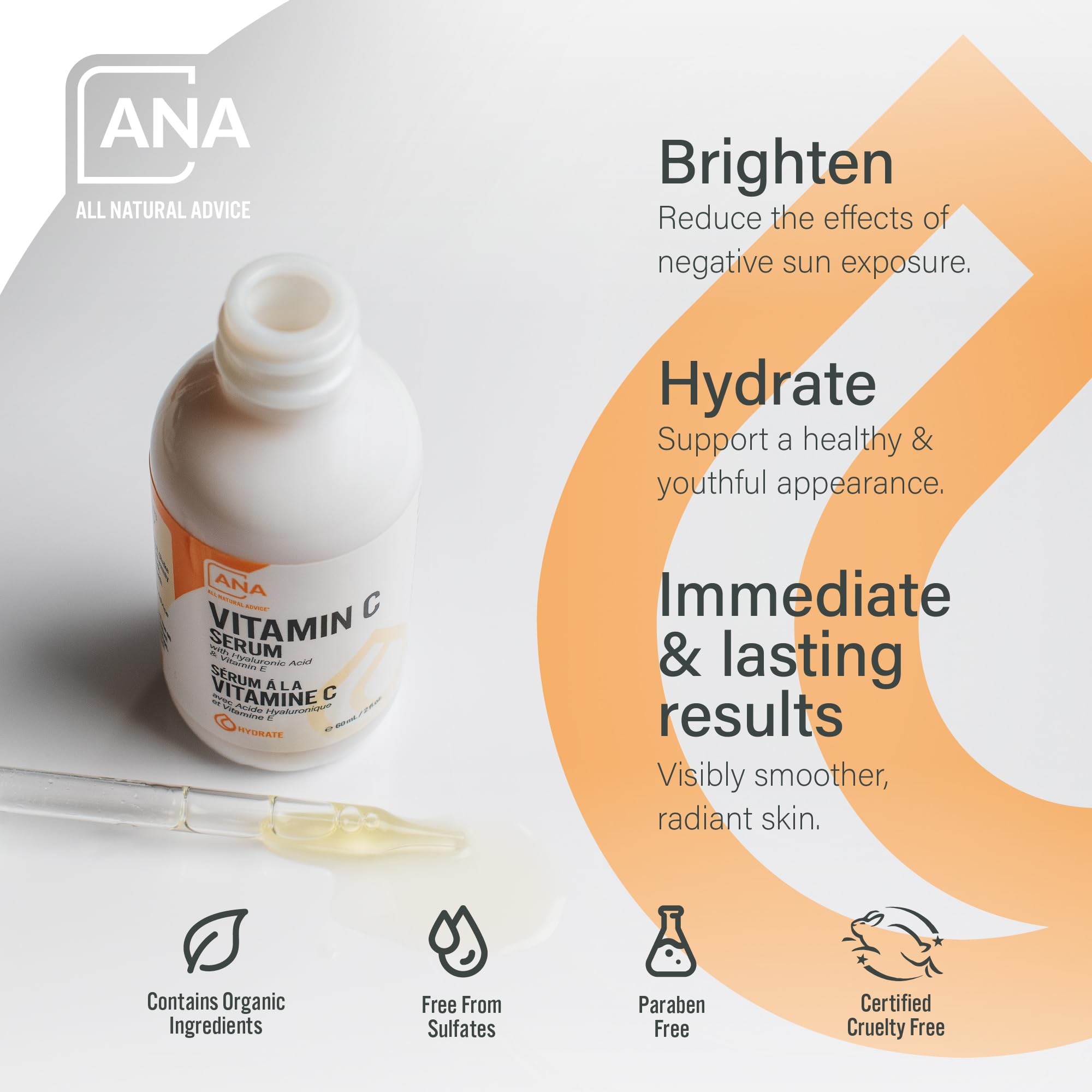 All Natural Advice Sérum vitamine C - acide hyaluronique pour hydratation légère.