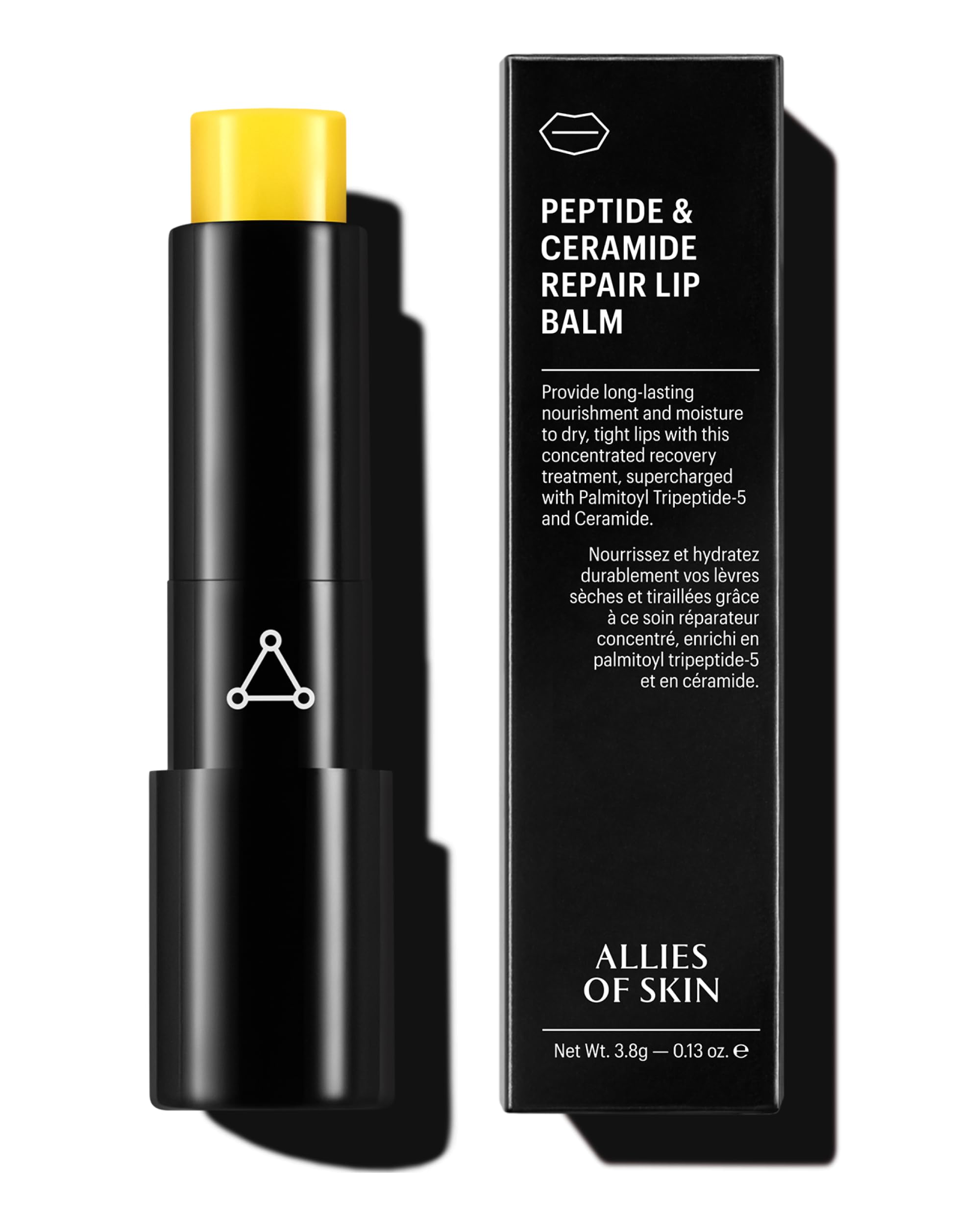 Allies of Skin baume réparateur lèvres photo-produit, hydratation longue durée.