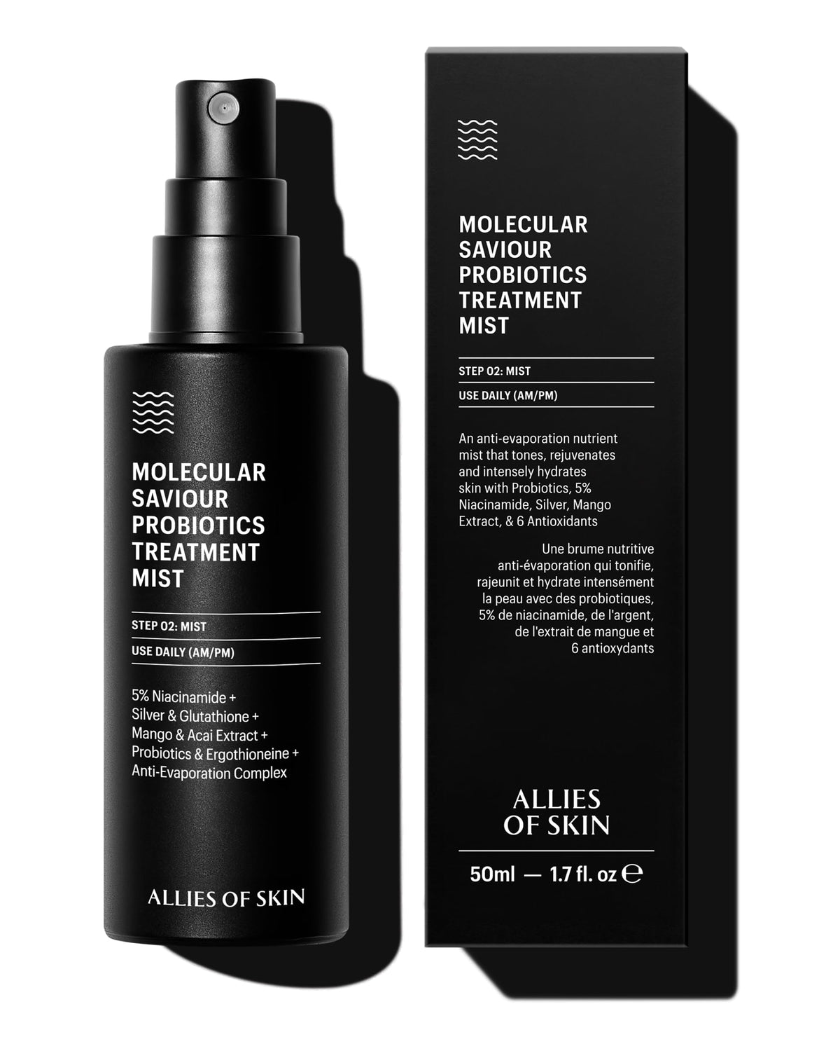 Allies of Skin Brume Probiotique Visage rafraîchit et hydrate rapidement.