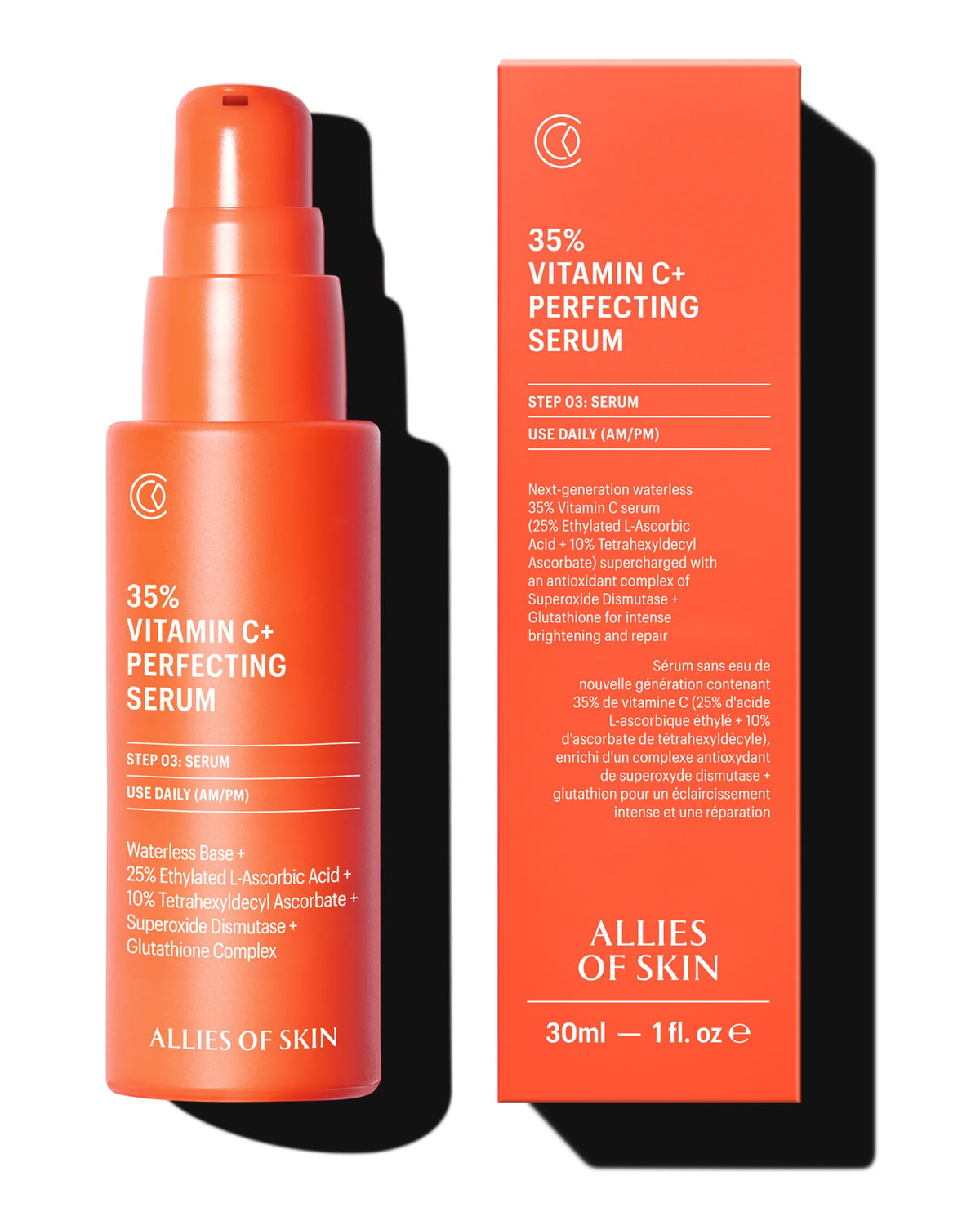 Sérum Allies of Skin vitamine C 35% sur flacon, éclat durable.