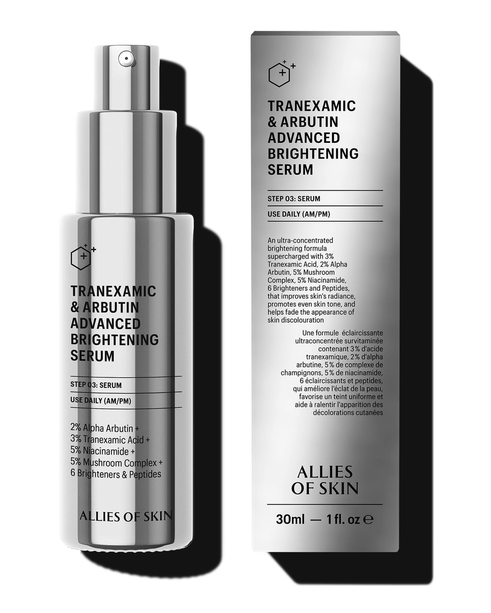 Allies of Skin sérum acide tranexamique et arbutine, bouteille élégante prête pour votre routine.